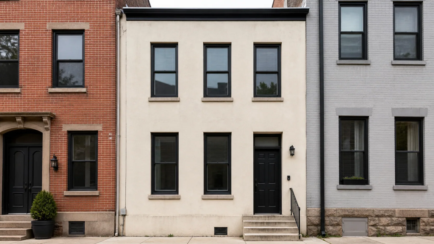 The same townhouse facade previewed with updated siding trim render and entry finishes