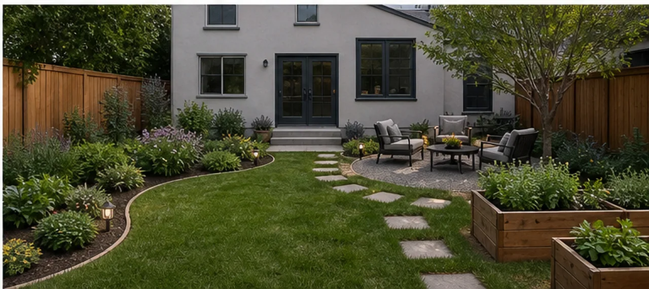 Backyard after AI landscape design with a curved planting bed, stepping stone path, gravel seating area, and raised vegetable beds