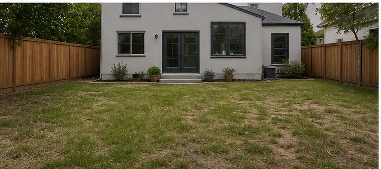 Bare backyard with a worn lawn, a wooden fence on both sides, and back steps leading to double doors