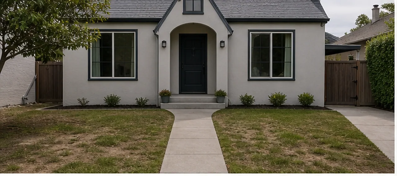 Front yard with patchy grass, a straight concrete path, and a few small shrubs under the windows