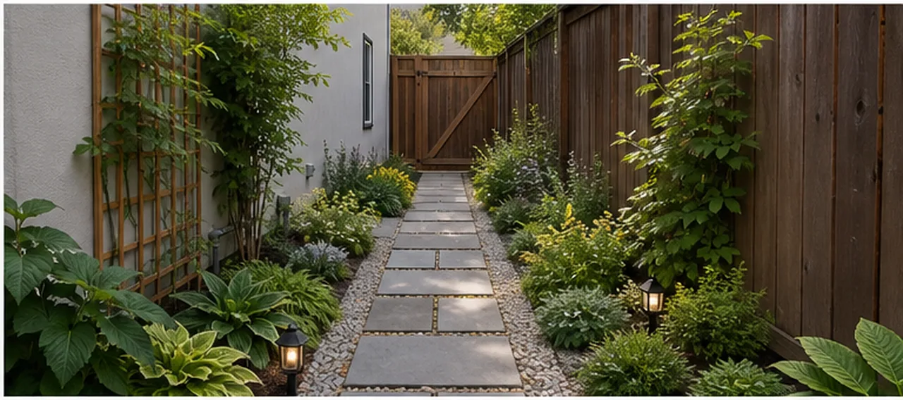 Narrow side yard turned into a usable garden path finished concept