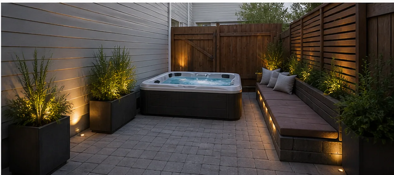 Small courtyard with spa and built-in seating finished concept