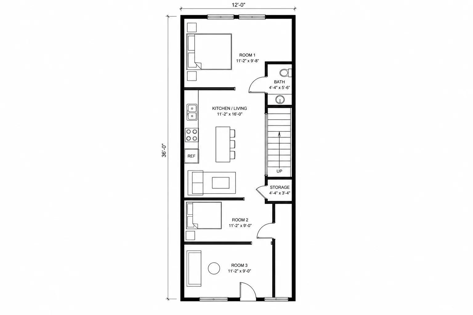 Layout C: narrow-lot three-bedroom finished concept