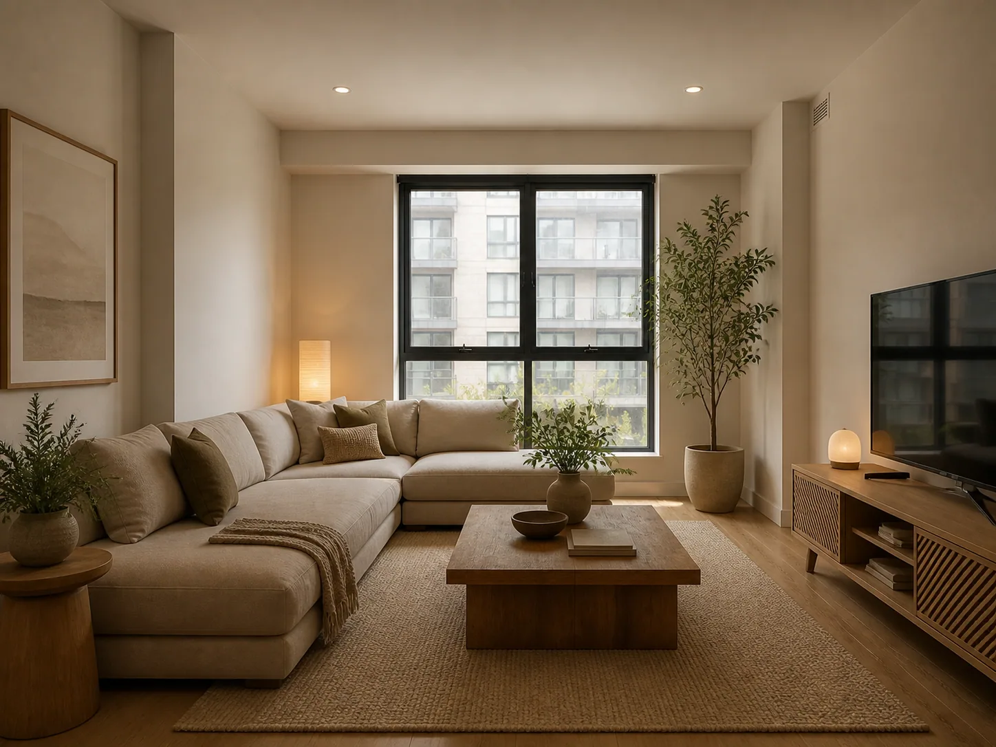 Living room redesigned by AI in a warm neutral style with a cream sectional, wood coffee table, and jute rug