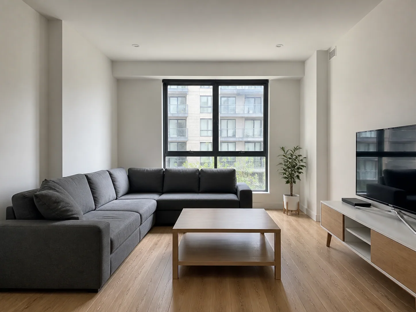Original living room photo with a grey sectional sofa, a square coffee table, and a large black-framed window
