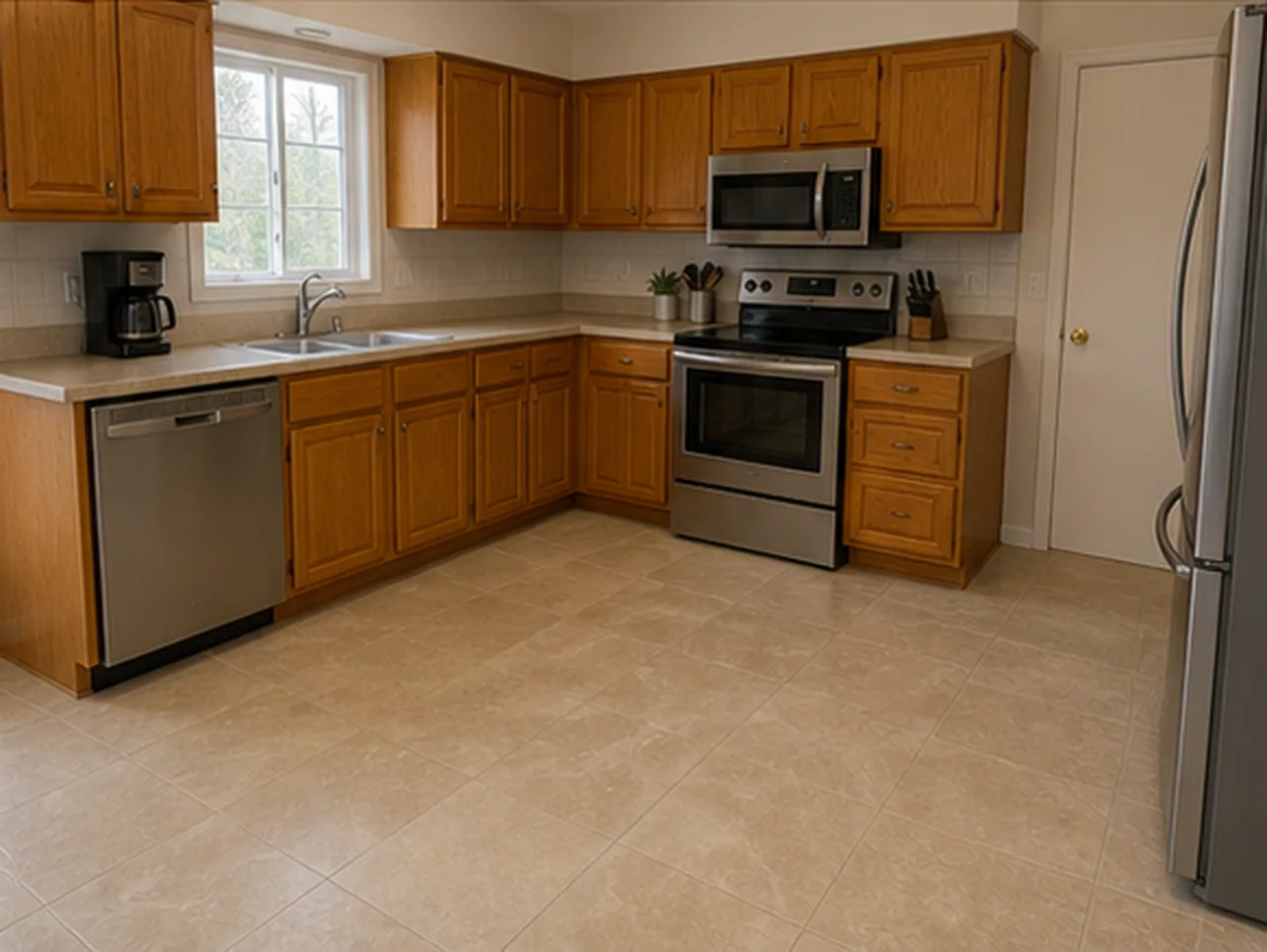 Kitchen limestone tile floor finished concept