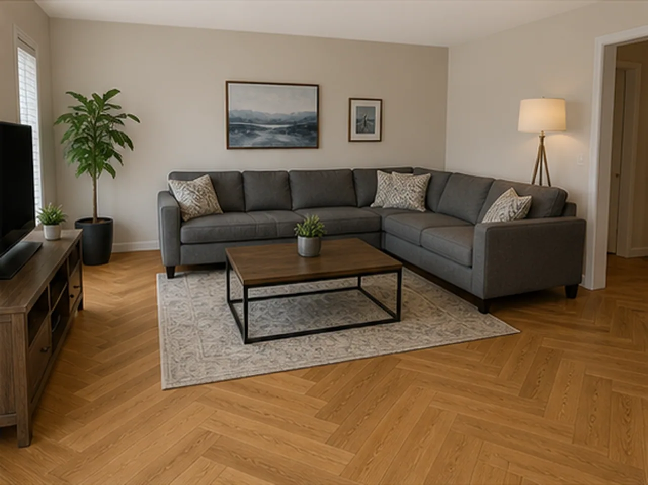 Living room herringbone flooring finished concept