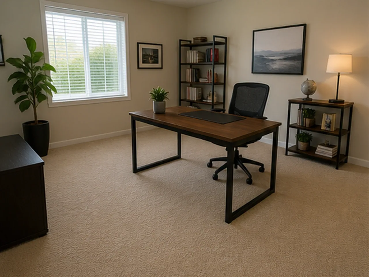 Home office carpet to light oak before and after comparison