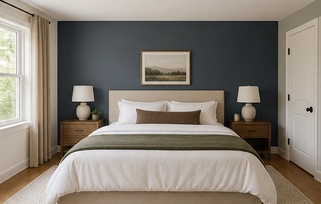 Bedroom blue-gray accent wall finished concept