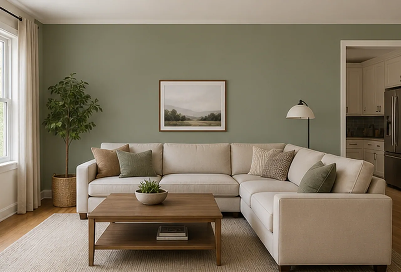Living room muted sage wall finished concept