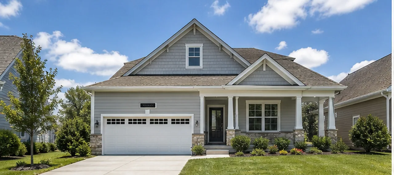 Daytime listing photo of a grey craftsman-style house with a white garage door and front porch