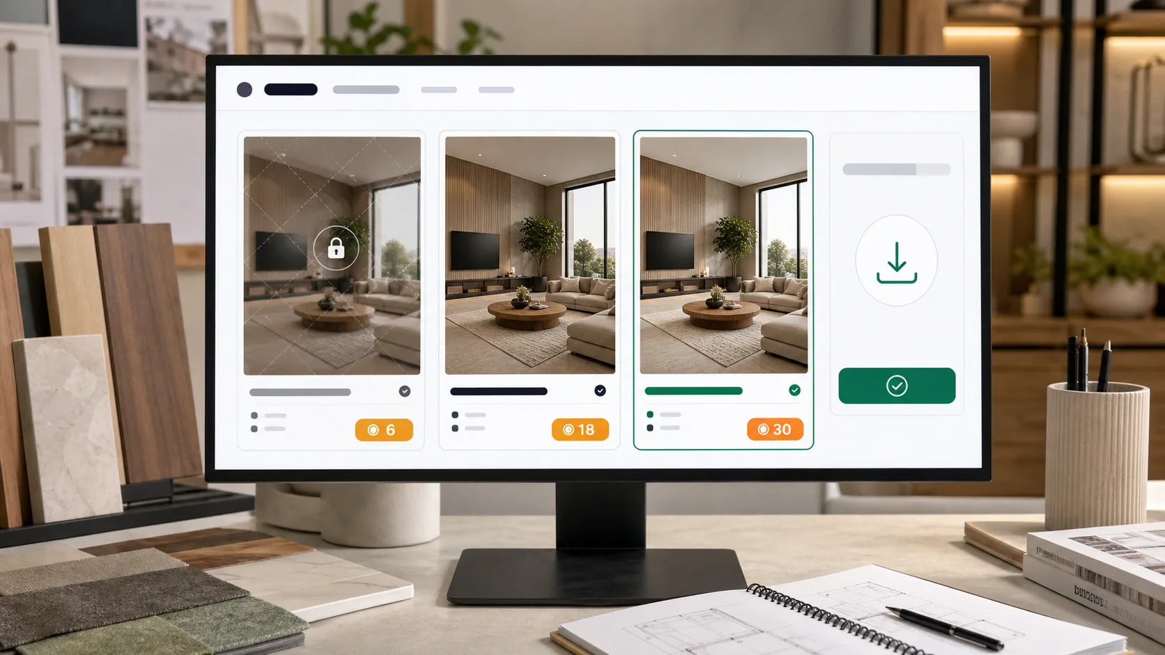 设计师在审阅可下载的 RoomMaker AI 付费设计输出