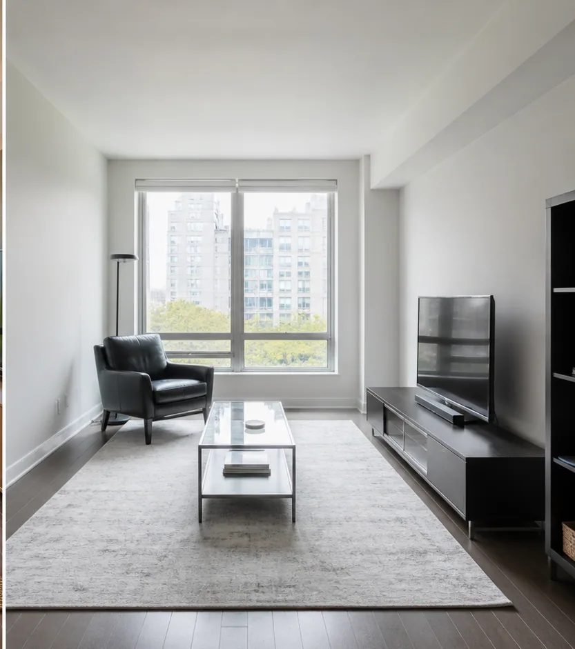 Storage-first living room before and after comparison