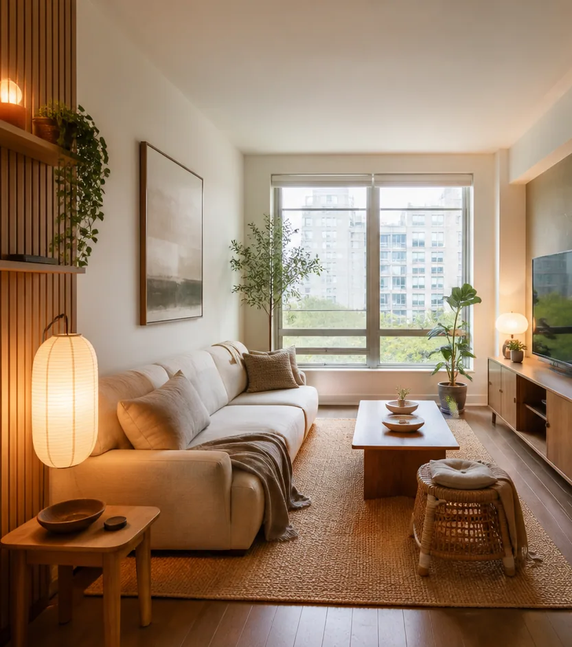 Storage-first living room finished AI room design concept
