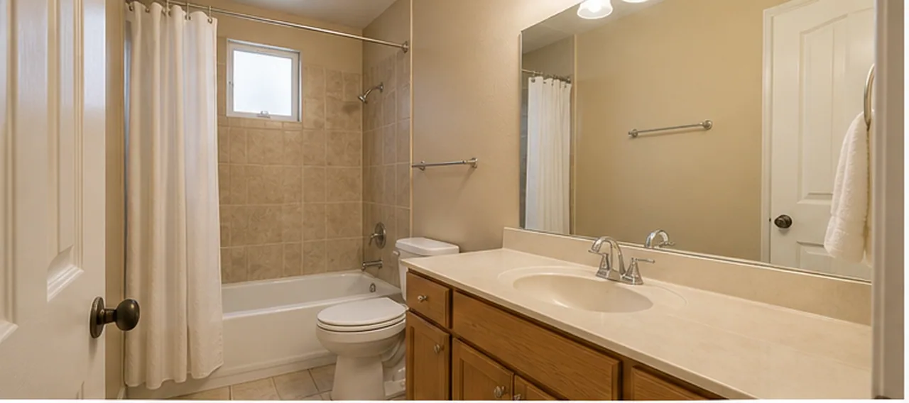 The same primary bathroom previewed with updated tile vanity fixtures and lighting