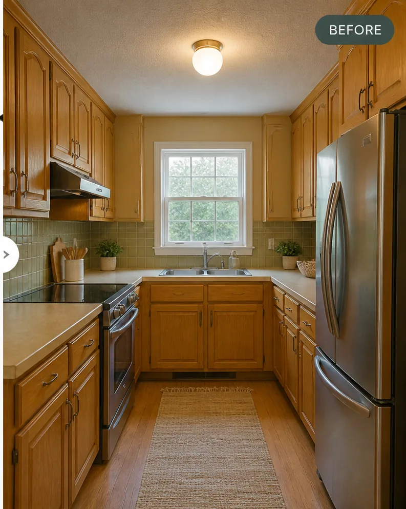 The same galley kitchen previewed with new cabinet counter backsplash and lighting finishes