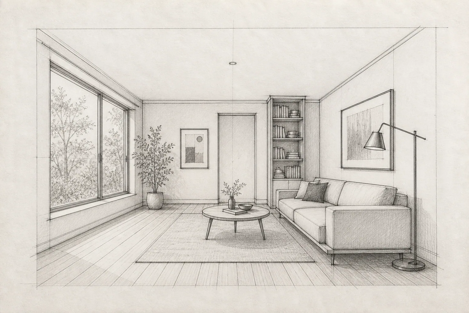 A hand-drawn room concept developed into a realistic interior render