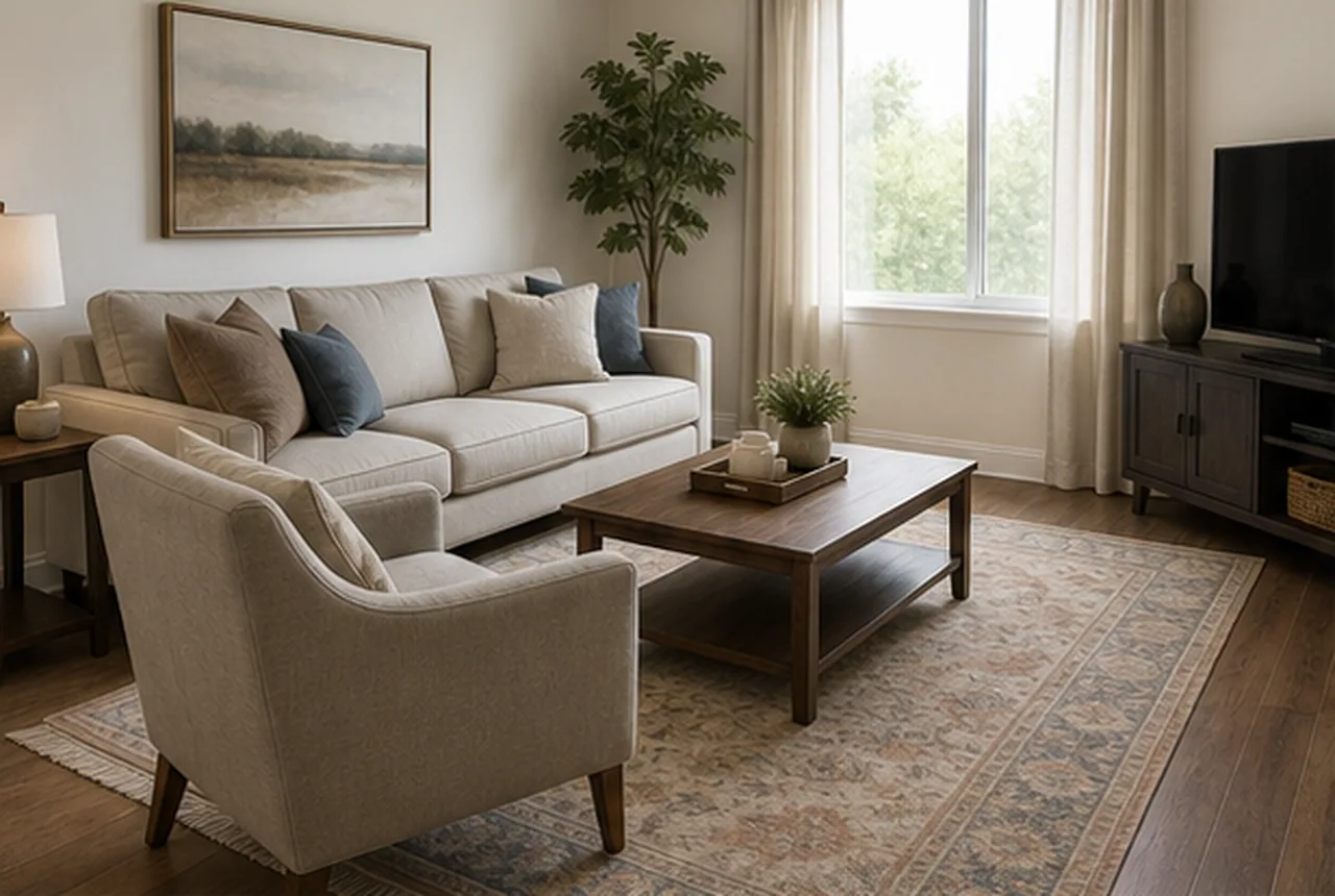 The same room with one bulky armchair removed while fixed surfaces and other furniture stay readable