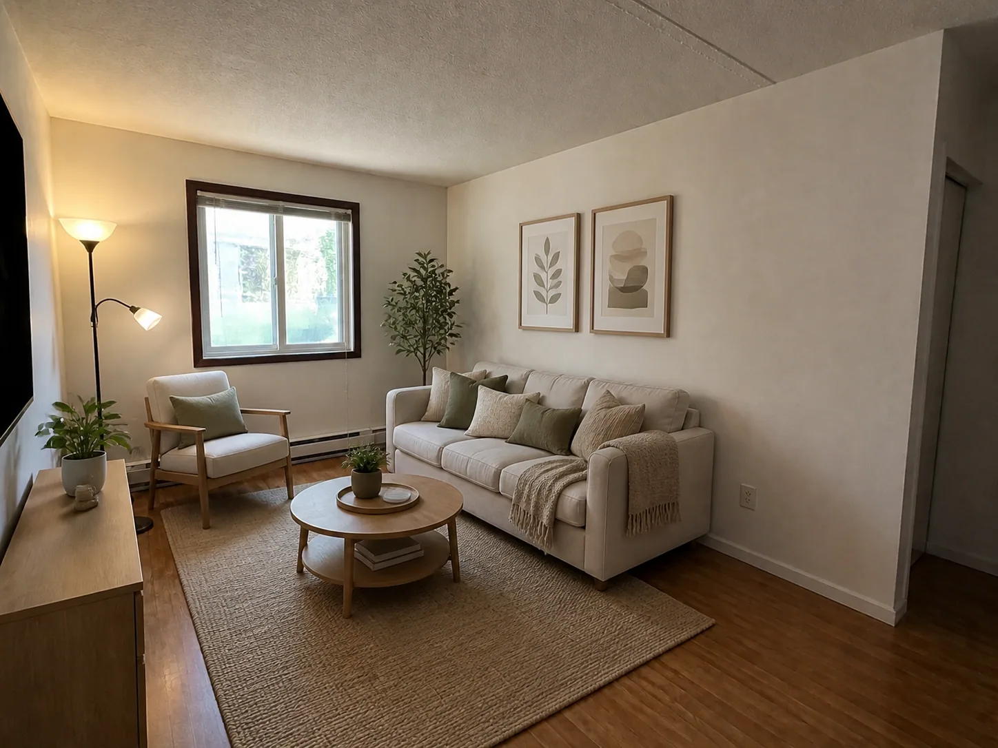 Empty apartment room after AI virtual staging, furnished with a cream sofa, armchair, round coffee table, and floor lamp
